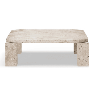 Et moderne lavprofil sofabord med en beige terrazzo med rektangulær top og to tykke, firkantede ben, designet til at komplementere ethvert interiør, præsenteret på en hvid baggrund.