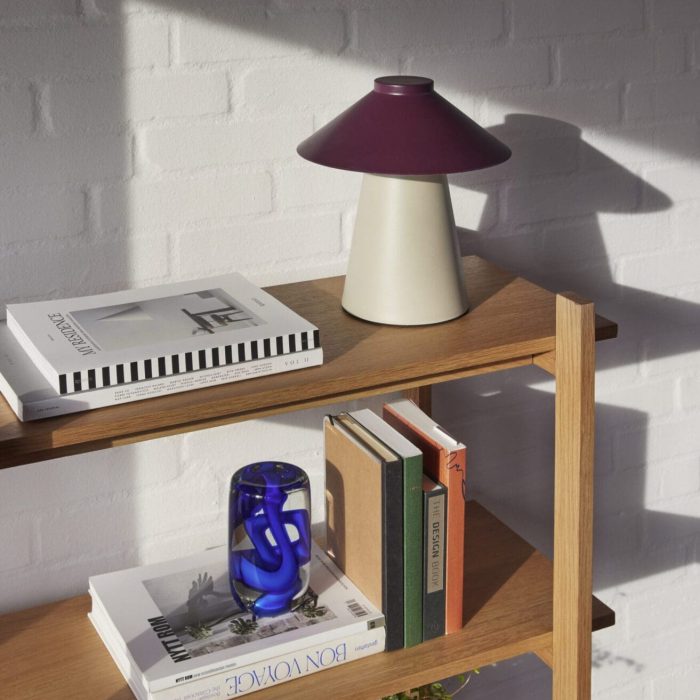 En stilfuld, minimalistisk bogreol i træ mod en hvid murstensvæg, oplyst af sollys, der kaster skygger. den har en bordeaux og cremefarvet lampe, bøger og en dekorativ blå vase fra Tomorrowsdesign